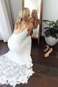 Sexy Spaghetti Straps V Neck Mermaid Ivory Wedding Dresses Beach Simple Bridal Dresses W1044