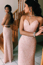 Load image into Gallery viewer, Sexy Spaghetti Straps V Neck Pink Rose Gold Prom Dresses Backless Evening Gowns P1119