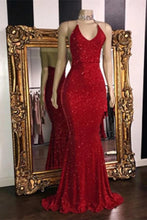 Load image into Gallery viewer, Sexy V Neck Red Glitter Sequins Prom Dresses Mermaid Halter Backless Evening Gowns P1143