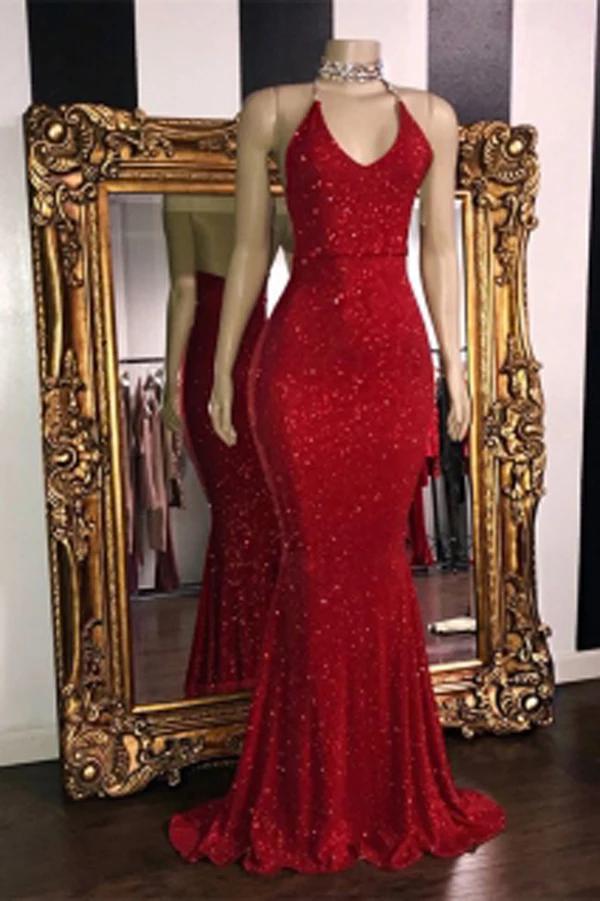 Sexy V Neck Red Glitter Sequins Prom Dresses Mermaid Halter Backless Evening Gowns P1143