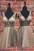 Load image into Gallery viewer, Sexy V Neck Sequins Straps Above Knee Homecoming Dresses Short Prom Dresses H1196