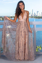 Load image into Gallery viewer, Sexy V Neck Sleeveless Sequins Criss Cross Crystals Beads Evening Gowns With Split PW977