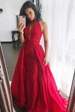 Load image into Gallery viewer, Sheath Halter Sweep Train Pleated Red Satin Prom Dress Sleeveless V Neck Party Dress RS482