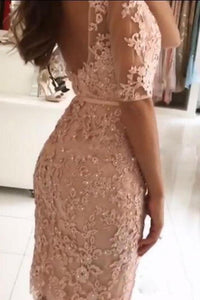 Sheath Pink Lace Appliques Beads Homecoming Dresses with Half Sleeve Prom Dresses RS833