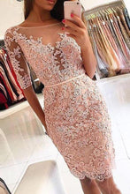 Load image into Gallery viewer, Sheath Pink Lace Appliques Beads Homecoming Dresses with Half Sleeve Prom Dresses RS833