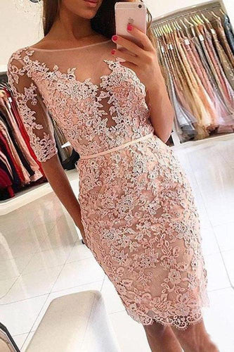Sheath Pink Lace Appliques Beads Homecoming Dresses with Half Sleeve Prom Dresses RS833