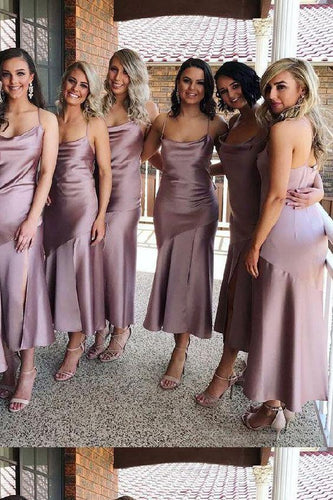Sheath Spaghetti Straps Tea Length Lilac Bridesmaid Dress With Split Prom Dresses RS919