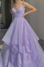 Load image into Gallery viewer, V Neck Purple Spaghetti Straps Long Formal Prom Dresses