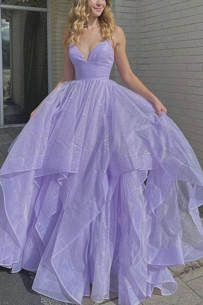 V Neck Purple Spaghetti Straps Long Formal Prom Dresses