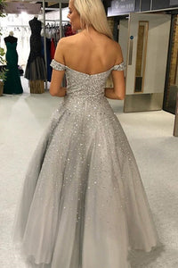 Shiny Ball Gown Off the Shoulder Sweetheart Silver Beaded Tulle Prom Dresses RS981