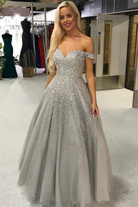 Shiny Ball Gown Off the Shoulder Sweetheart Silver Beaded Tulle Prom Dresses RS981