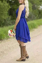 Load image into Gallery viewer, Short A Line Halter Chiffon Blue Bridesmaid Dresses Cheap Prom Dresses RS805