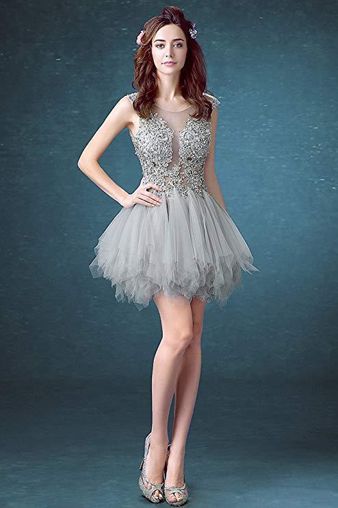 Short Sexy See Through Lace Tulle Gray Homecoming Dresses with Sequins Party Dresses H1147