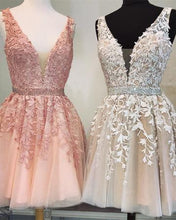 Load image into Gallery viewer, Short V Neck Beaded Ivory Tulle Prom Dresses Homecoming Dresses Lace Embroidery RS754