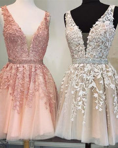 Short V Neck Beaded Ivory Tulle Prom Dresses Homecoming Dresses Lace Embroidery RS754