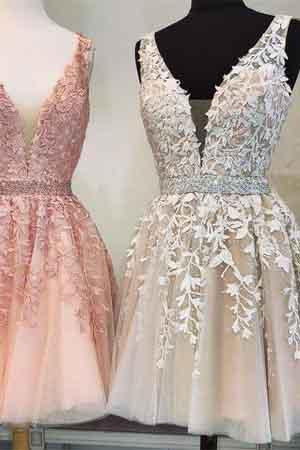 Short V Neck Beaded Ivory Tulle Prom Dresses Homecoming Dresses Lace Embroidery RS754