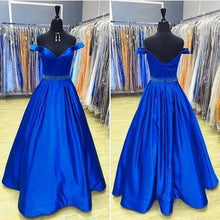 Load image into Gallery viewer, Simple A-Line Off the Shoulder Blue Long Sweetheart Prom Dress with Pockets RS623