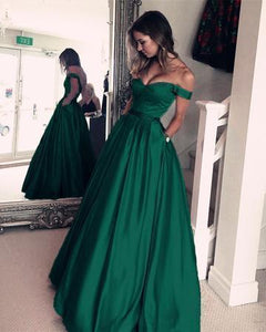 Simple A-Line Off the Shoulder Blue Long Sweetheart Prom Dress with Pockets RS623