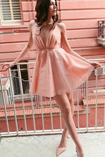 Load image into Gallery viewer, Simple A Line Deep V Neck Pink Above Knee Short Homecoming Dress With Sequins H1035