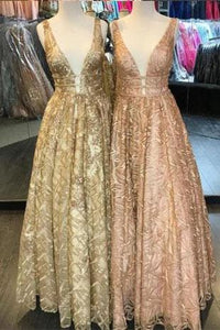 Simple A Line Lace Deep V Neck Floor Length Prom Dresses Pink Evening Dresses RS992