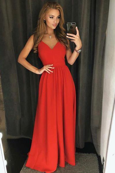 Simple A Line Red Spaghetti Straps V Neck Backless Prom Dresses Long Party Dresses RS705
