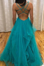 Load image into Gallery viewer, Simple A Line V Neck Tulle Green Criss Cross Prom Dresses Long Evening Dresses P1001