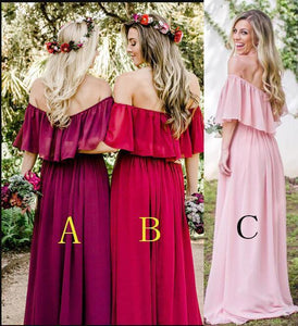 Simple A line Chiffon Red Off the Shoulder Flowy Bridesmaid Dresses Prom Dresses RS806