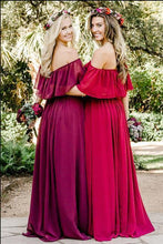 Load image into Gallery viewer, Simple A line Chiffon Red Off the Shoulder Flowy Bridesmaid Dresses Prom Dresses RS806