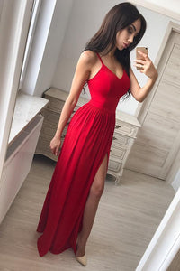 Simple A line Red Spaghetti Straps Chiffon Prom Dresses V Neck Side Slit Evening Dress RS537