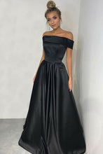 Load image into Gallery viewer, Simple Black A-line Off the Shoulder Satin Prom Dresses Long Party Dresses RS402