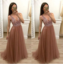 Load image into Gallery viewer, Simple Brown V Neck Beads Prom Dresses Tulle Long Cheap Prom Gowns RS592
