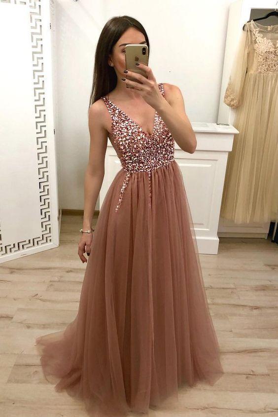 Simple Brown V Neck Beads Prom Dresses Tulle Long Cheap Prom Gowns RS592