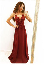 Load image into Gallery viewer, Simple Burgundy A Line Spaghetti Straps Prom Dresses V Neck Dance Dresses RS707