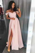 Load image into Gallery viewer, Simple Cold Shoulder Red Satin Straps Prom Dresses A Line with Split Evening Dresses RS668