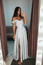 Load image into Gallery viewer, Simple Cold Shoulder Red Satin Straps Prom Dresses A Line with Split Evening Dresses RS668