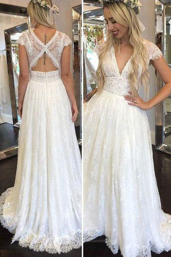Simple Deep V Neck Lace Appliques Open Back Ivory Wedding Dresses Bridal Gowns RS888