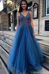 Simple Deep V Neck Party Gown Sleeveless Tulle Prom Dresses with Beaded