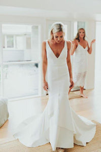 Simple Deep V Neck Sweep Train Mermaid Satin Wedding Dress Long Bridal Gowns RS996