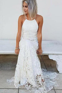 Simple Halter Mermaid Lace Appliques Wedding Dress Backless Beach Bridal Gowns JS937