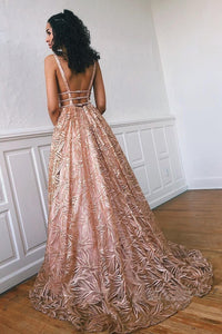 Simple Lace Open Back Evening Dresses A Line Deep V Neck Long Prom Dresses RS569