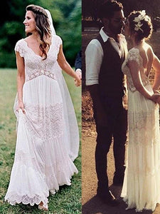 Simple Lace V Neck Ruched Short Sleeves White Floor Length Wedding Dresses RS583