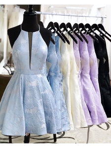 Simple Lilac Jacquard Floral Homecoming Dresses with Pocket Halter Graduation Dresses RS949
