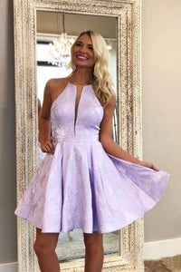 Simple Lilac Jacquard Floral Homecoming Dresses with Pocket Halter Graduation Dresses RS949