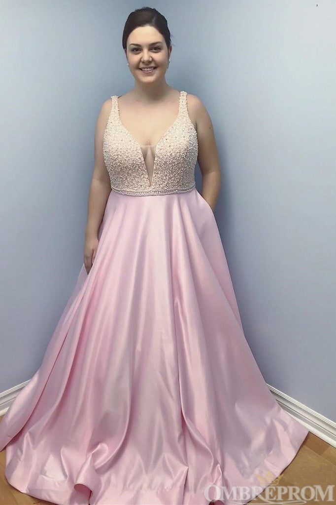 Simple Pink A Line V Neck Satin Long Prom Dresses with Beading