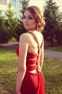 Simple Red Mermaid High Neck Prom Dresses Chiffon Open Back Evening Dresses RS542