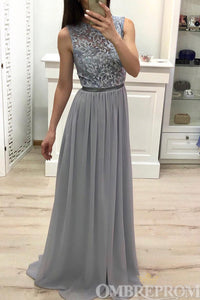 Simple Round Neck Lace Top Sleeveless Long Prom Dresses