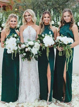 Load image into Gallery viewer, Simple Sheath High Neck Dark Green Bridesmaid Dress with Split Long Prom Dresses RS985