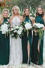 Load image into Gallery viewer, Simple Sheath High Neck Dark Green Bridesmaid Dress with Split Long Prom Dresses RS985
