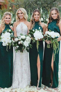 Simple Sheath High Neck Dark Green Bridesmaid Dress with Split Long Prom Dresses RS985