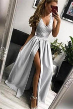 Load image into Gallery viewer, Simple Silver Long V-neck Lace Slit Satin Prom Dresses For Teens Party Dresses P1107